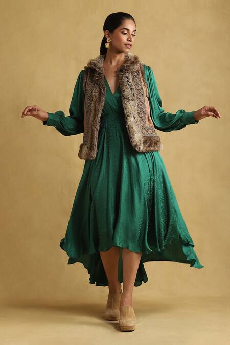 Ritu Kumar_Black Polyester Embroidery Open Neck Suede Jacket_at_Aza_Fashions