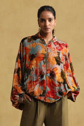 Ritu Kumar_Blue Silk Embroidery Mandarin Collar Floral Blossom Print Jacket _Online_at_Aza_Fashions