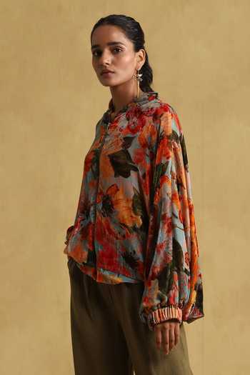 Buy_Ritu Kumar_Blue Silk Embroidery Mandarin Collar Floral Blossom Print Jacket _Online_at_Aza_Fashions