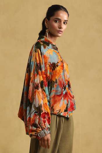 Shop_Ritu Kumar_Blue Silk Embroidery Mandarin Collar Floral Blossom Print Jacket _Online_at_Aza_Fashions