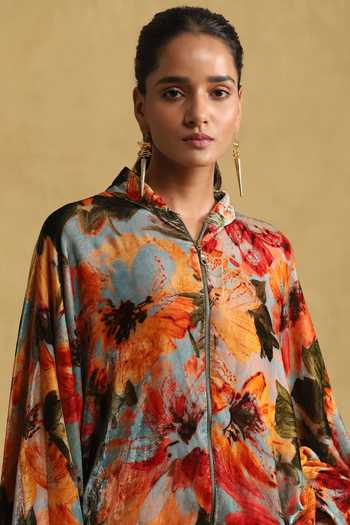 Ritu Kumar_Blue Silk Embroidery Mandarin Collar Floral Blossom Print Jacket _at_Aza_Fashions