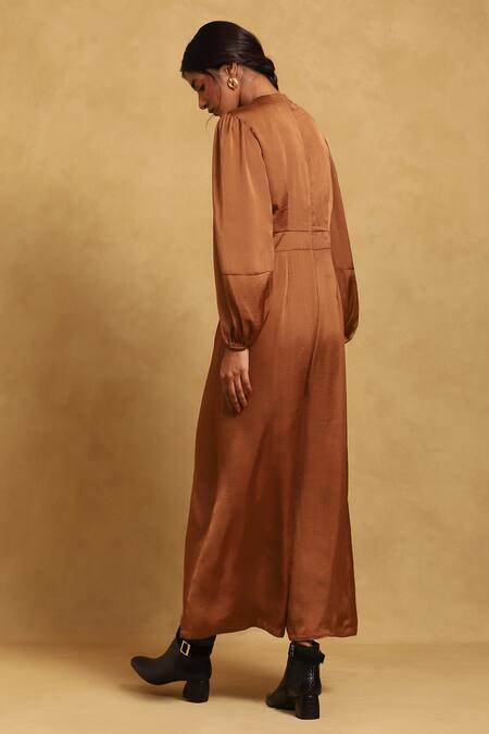 Shop Ritu Kumar Brown Polyester V-neck Solid Jumpsuit at Aza Fashions Shop_Ritu Kumar_Brown Polyester V-neck Solid Jumpsuit_at_Aza_Fashions
