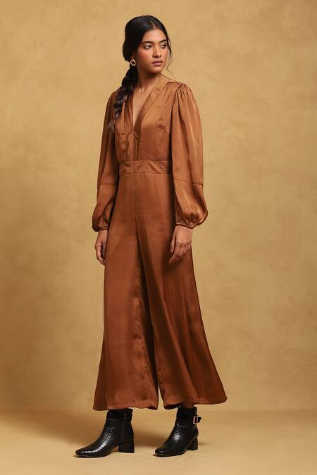 Ritu Kumar Brown Polyester V-neck Solid Jumpsuit Online at Aza Fashions Ritu Kumar_Brown Polyester V-neck Solid Jumpsuit_Online_at_Aza_Fashions