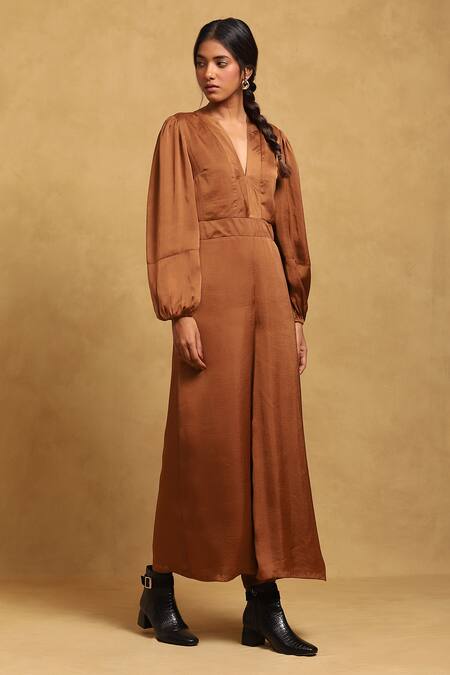 Buy Ritu Kumar Brown Polyester V-neck Solid Jumpsuit Online at Aza Fashions Buy_Ritu Kumar_Brown Polyester V-neck Solid Jumpsuit_Online_at_Aza_Fashions