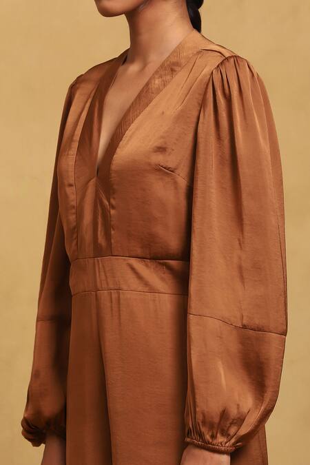 Shop Ritu Kumar Brown Polyester V-neck Solid Jumpsuit Online at Aza Fashions Shop_Ritu Kumar_Brown Polyester V-neck Solid Jumpsuit_Online_at_Aza_Fashions