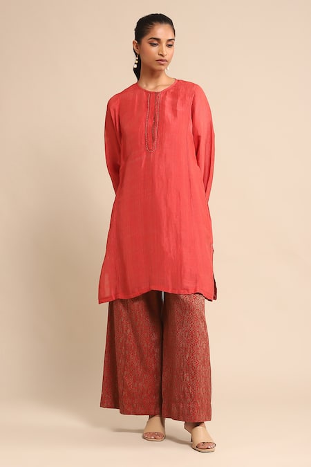 Ritu Kumar Red 55% Linen Solid Round Kurta 