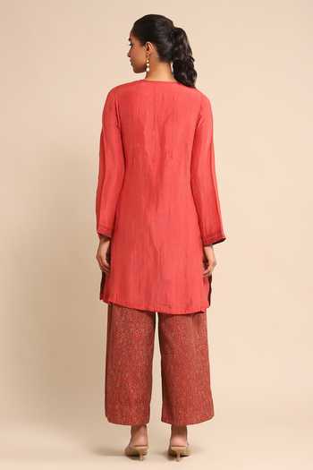 Shop Ritu Kumar Red Silk, Linen Embroidery Round Neck Solid Kurta at Aza Fashions Shop_Ritu Kumar_Red Silk, Linen Embroidery Round Neck Solid Kurta _at_Aza_Fashions