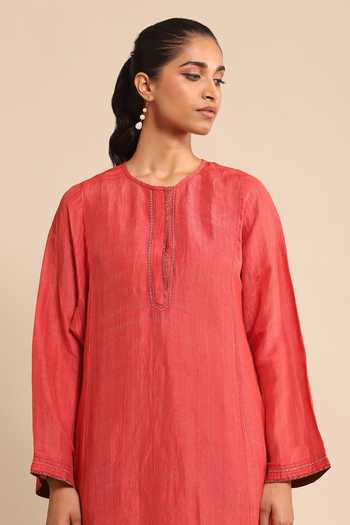 Shop Ritu Kumar Red Silk, Linen Embroidery Round Neck Solid Kurta Online at Aza Fashions Shop_Ritu Kumar_Red Silk, Linen Embroidery Round Neck Solid Kurta _Online_at_Aza_Fashions