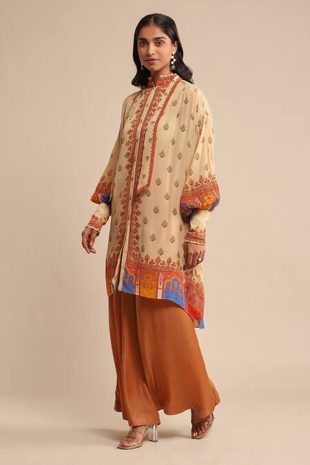 Ritu Kumar_Beige Cotton, Viscose Mandarin Collar Floral Print Kurta_Online_at_Aza_Fashions