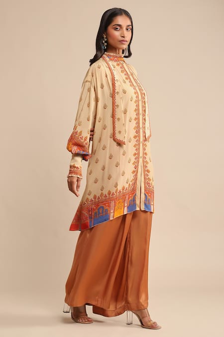 Buy_Ritu Kumar_Beige Cotton, Viscose Mandarin Collar Floral Print Kurta_Online_at_Aza_Fashions