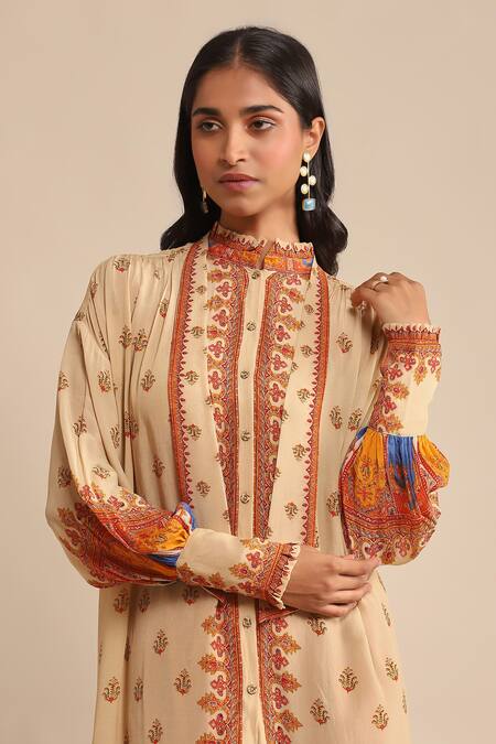 Shop_Ritu Kumar_Beige Cotton, Viscose Mandarin Collar Floral Print Kurta_Online_at_Aza_Fashions