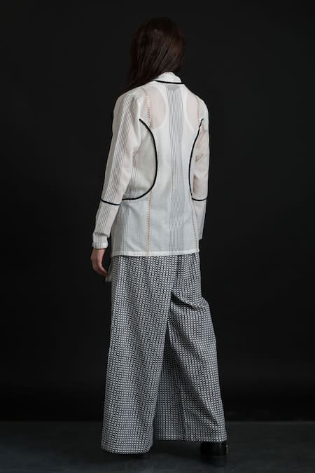 Shop Orcr White Cotton Shawl Neck Woven Stripe Pattern Jacket And Pant Set at Aza Fashions Shop_Orcr_White Cotton Shawl Neck Woven Stripe Pattern Jacket And Pant Set _at_Aza_Fashions