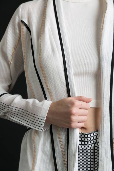 Orcr White Cotton Shawl Neck Woven Stripe Pattern Jacket And Pant Set Online at Aza Fashions Orcr_White Cotton Shawl Neck Woven Stripe Pattern Jacket And Pant Set _Online_at_Aza_Fashions