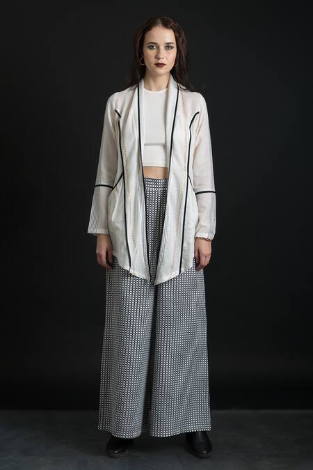 Buy Orcr White Cotton Shawl Neck Woven Stripe Pattern Jacket And Pant Set Online at Aza Fashions Buy_Orcr_White Cotton Shawl Neck Woven Stripe Pattern Jacket And Pant Set _Online_at_Aza_Fashions