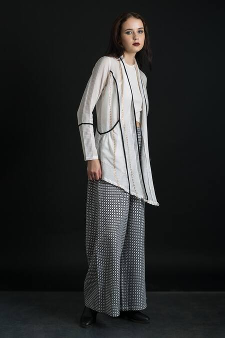 Shop Orcr White Cotton Shawl Neck Woven Stripe Pattern Jacket And Pant Set Online at Aza Fashions Shop_Orcr_White Cotton Shawl Neck Woven Stripe Pattern Jacket And Pant Set _Online_at_Aza_Fashions