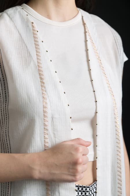 Orcr White Cotton Beads Open Neck Stripe Patterned Jacket With Pant Online at Aza Fashions Orcr_White Cotton Beads Open Neck Stripe Patterned Jacket With Pant _Online_at_Aza_Fashions