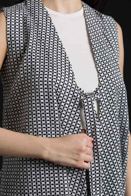 Orcr_White Cotton Open Neck Woven Checkered Jacket With Pant_Online_at_Aza_Fashions