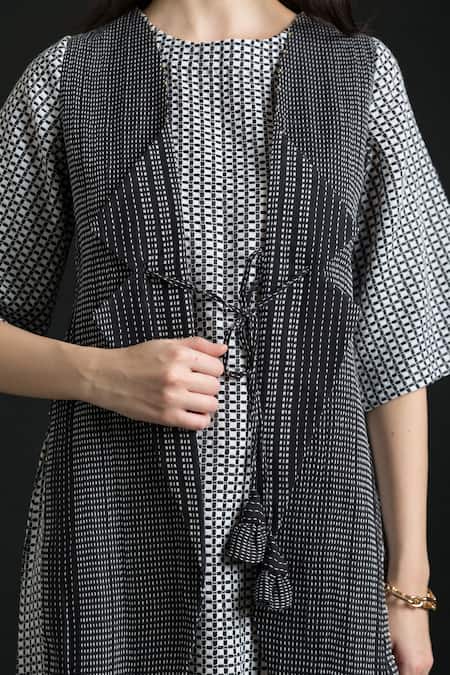 Orcr_White Cotton Round Neck Front Panel Checkered Pattern Dress_Online_at_Aza_Fashions