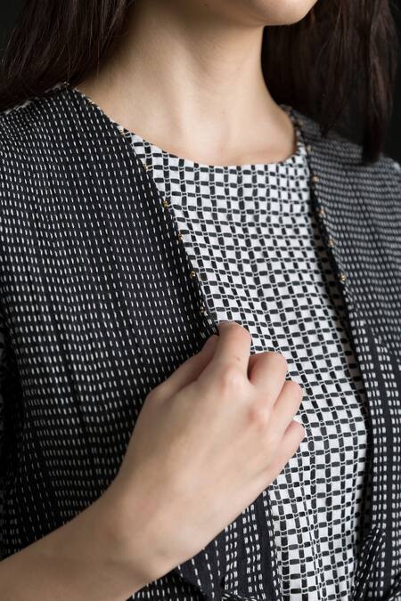 Buy_Orcr_White Cotton Round Neck Front Panel Checkered Pattern Dress_Online_at_Aza_Fashions