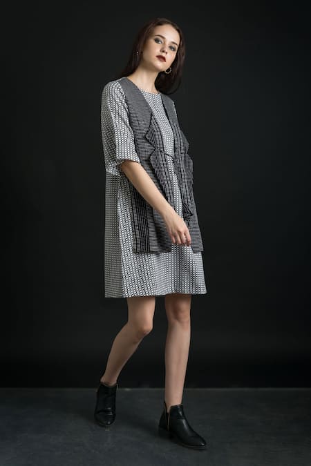Orcr_White Cotton Round Neck Front Panel Checkered Pattern Dress_at_Aza_Fashions