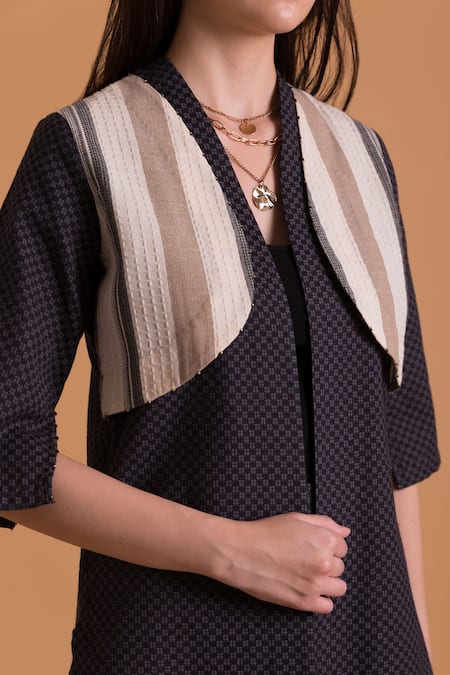 Orcr_Grey Cotton Open Neck Overlap Panel Checkered Pattern Jacket With Pant_Online_at_Aza_Fashions