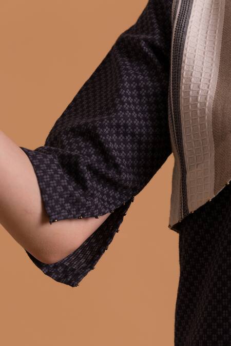 Buy_Orcr_Grey Cotton Open Neck Overlap Panel Checkered Pattern Jacket With Pant_Online_at_Aza_Fashions