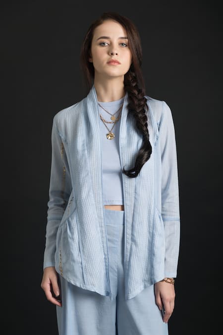 Orcr_Blue Cotton Beads Open Neck Stitch Lines Work Jacket _Online_at_Aza_Fashions