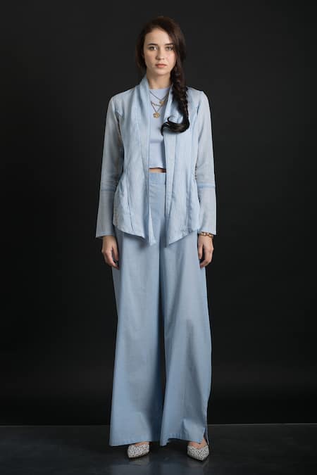 Buy_Orcr_Blue Cotton Beads Open Neck Stitch Lines Work Jacket _Online_at_Aza_Fashions