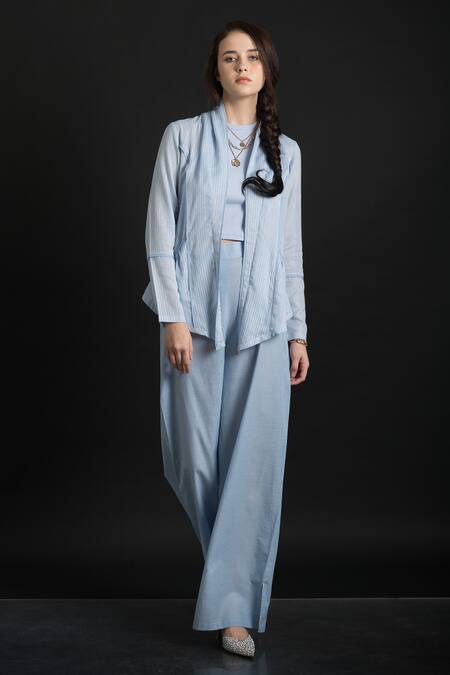 Shop_Orcr_Blue Cotton Beads Open Neck Stitch Lines Work Jacket _Online_at_Aza_Fashions