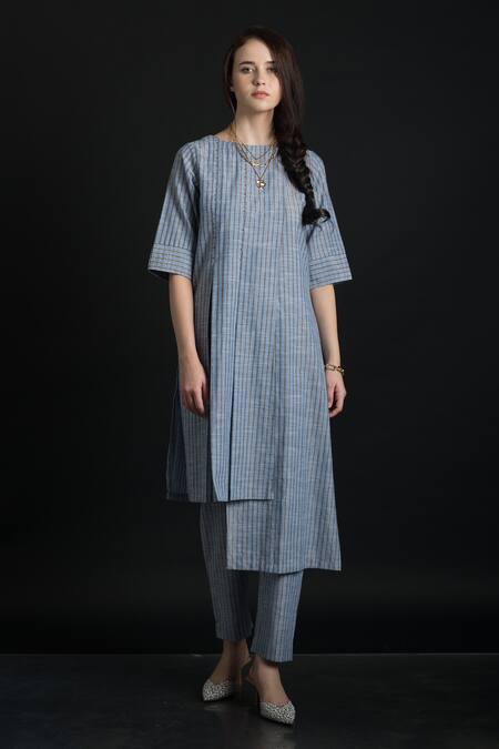 ORCR Blue Cotton Woven Glitter Stripe Round Asymmetric Tunic With Pant  