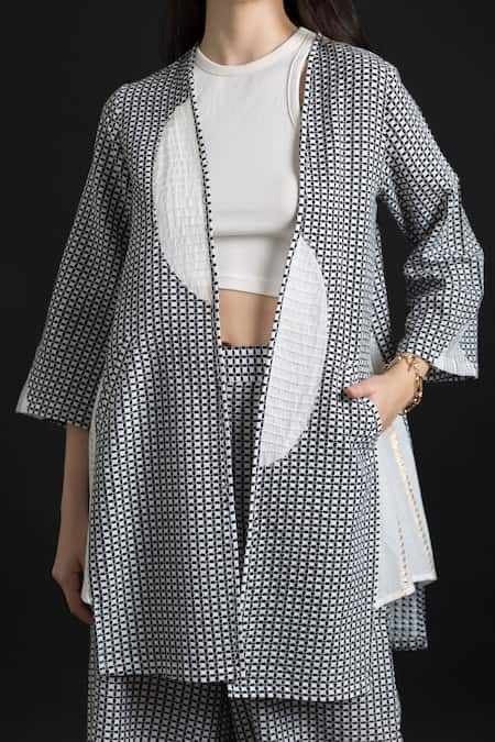 Orcr White Cotton Beads Open Neck Loop Pattern Waffle Patch Jacket With Flared Pant Online at Aza Fashions Orcr_White Cotton Beads Open Neck Loop Pattern Waffle Patch Jacket With Flared Pant _Online_at_Aza_Fashions