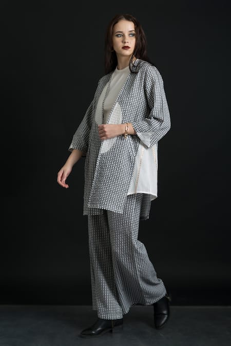 Buy Orcr White Cotton Beads Open Neck Loop Pattern Waffle Patch Jacket With Flared Pant Online at Aza Fashions Buy_Orcr_White Cotton Beads Open Neck Loop Pattern Waffle Patch Jacket With Flared Pant _Online_at_Aza_Fashions