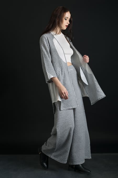 Shop Orcr White Cotton Beads Open Neck Loop Pattern Waffle Patch Jacket With Flared Pant Online at Aza Fashions Shop_Orcr_White Cotton Beads Open Neck Loop Pattern Waffle Patch Jacket With Flared Pant _Online_at_Aza_Fashions