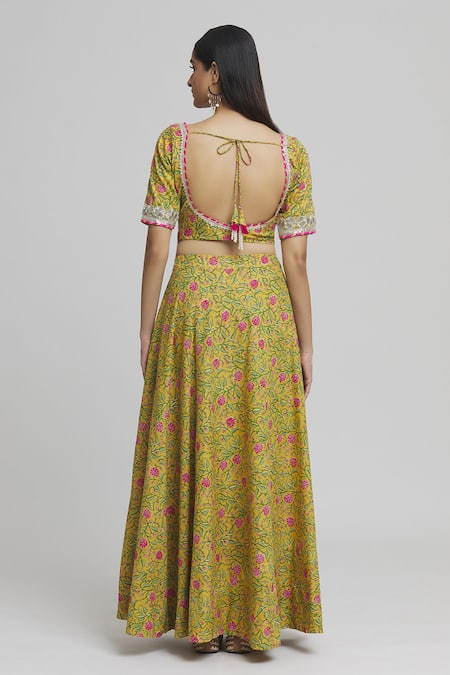 Shop Naintara Bajaj Yellow Cotton, Voile Gota Patti, Tassels Petunia Bloom Print Lehenga Blouse Set at Aza Fashions Shop_Naintara Bajaj_Yellow Cotton, Voile Gota Patti, Tassels Petunia Bloom Print Lehenga Blouse Set _at_Aza_Fashions