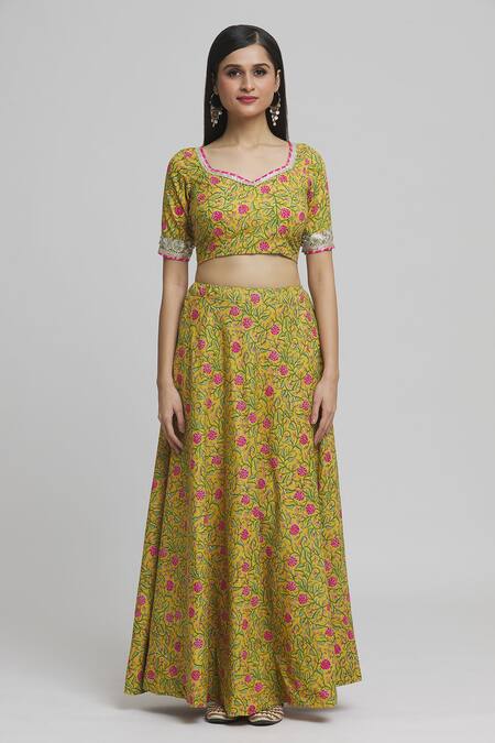 Naintara Bajaj Yellow Cotton, Voile Gota Patti, Tassels Petunia Bloom Print Lehenga Blouse Set Online at Aza Fashions Naintara Bajaj_Yellow Cotton, Voile Gota Patti, Tassels Petunia Bloom Print Lehenga Blouse Set _Online_at_Aza_Fashions