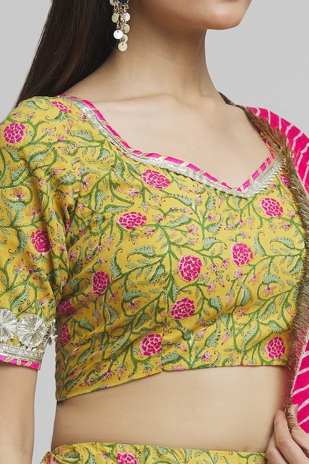 Shop Naintara Bajaj Yellow Cotton, Voile Gota Patti, Tassels Petunia Bloom Print Lehenga Blouse Set Online at Aza Fashions Shop_Naintara Bajaj_Yellow Cotton, Voile Gota Patti, Tassels Petunia Bloom Print Lehenga Blouse Set _Online_at_Aza_Fashions
