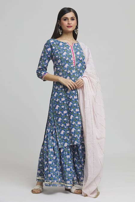 Samyukta Singhania Blue Cotton Print Padma Blossom Notched Kurta Sharara Set 