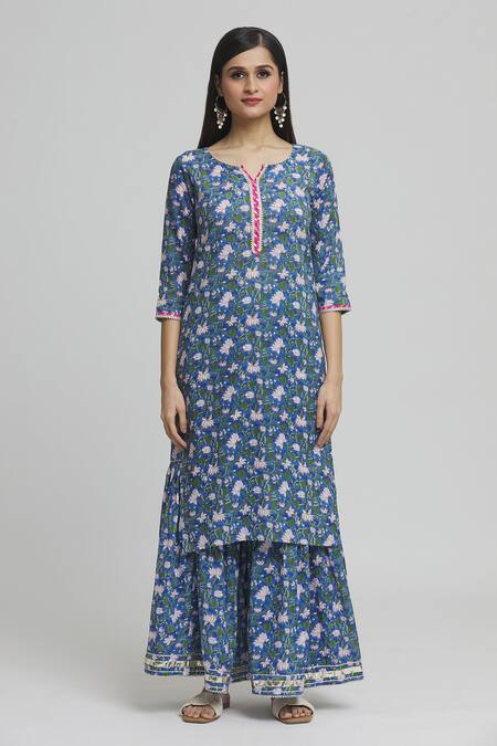 Samyukta Singhania_Blue Cotton, Voile Embroidery, Tassels Padma Blossom Print Kurta Sharara Set_Online_at_Aza_Fashions