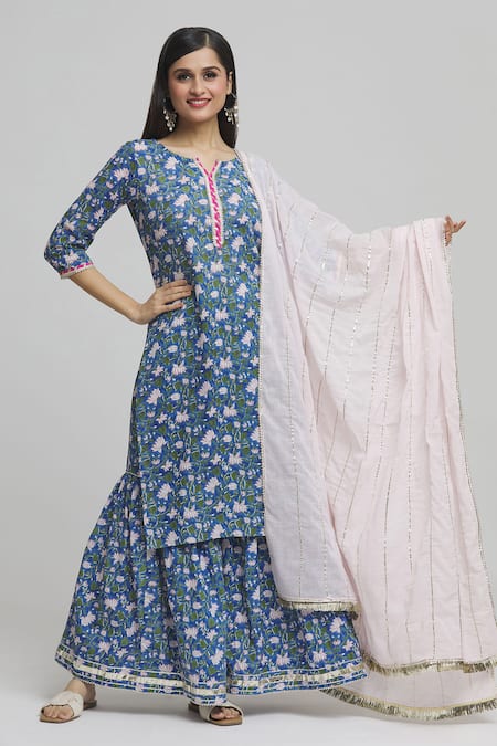 Buy_Samyukta Singhania_Blue Cotton, Voile Embroidery, Tassels Padma Blossom Print Kurta Sharara Set_Online_at_Aza_Fashions