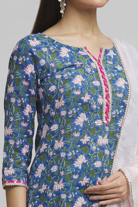 Shop_Samyukta Singhania_Blue Cotton, Voile Embroidery, Tassels Padma Blossom Print Kurta Sharara Set_Online_at_Aza_Fashions