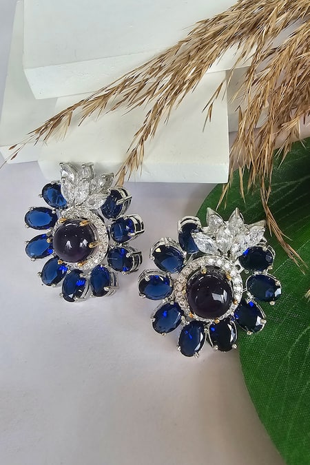 The Bling Girll Blue Stone Halo Fleur Encrusted Stud Earrings 