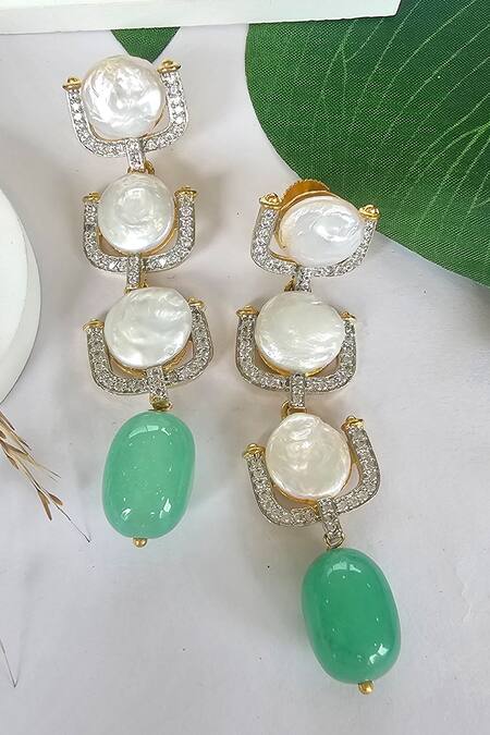 The Bling Girll Gold Plated Emerald Pearl Dewdrop Dangler Earrings 