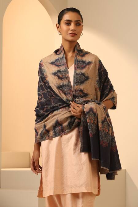 Dusala_Blue Marie Kani Woven Reversible Shawl_Online_at_Aza_Fashions