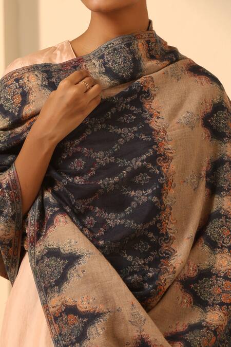 Shop_Dusala_Blue Marie Kani Woven Reversible Shawl_Online_at_Aza_Fashions