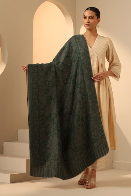 Shop_Dusala_Green Natasha Woven Floral Shawl _at_Aza_Fashions