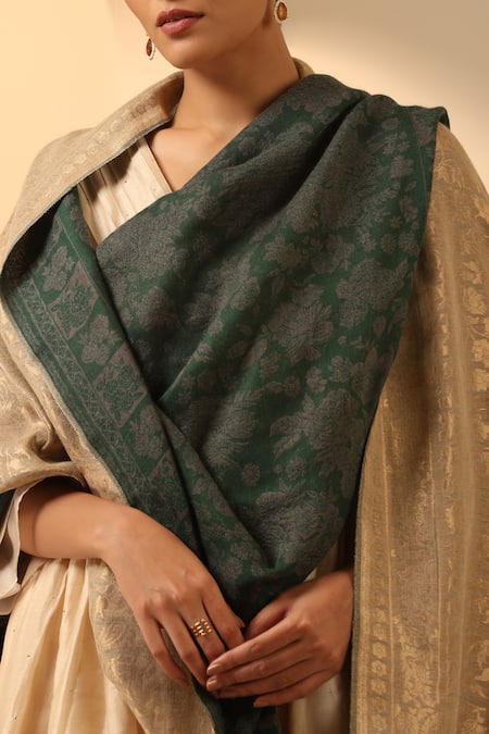 Dusala_Green Natasha Woven Floral Shawl _Online_at_Aza_Fashions