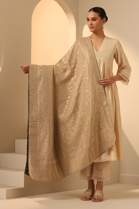 Buy_Dusala_Green Natasha Woven Floral Shawl _Online_at_Aza_Fashions