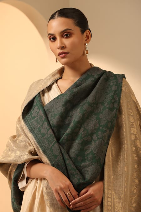 Shop_Dusala_Green Natasha Woven Floral Shawl _Online_at_Aza_Fashions
