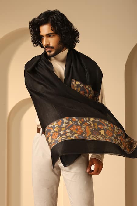 Shop_Dusala_Black Pawan Woven Border Stole _at_Aza_Fashions