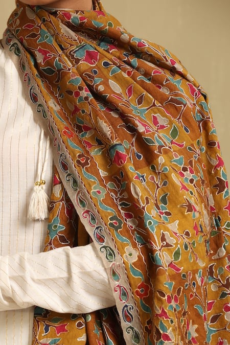 Shop_Dusala_Yellow Drema Kalamkari Pattern Shawl _Online_at_Aza_Fashions